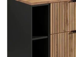 Vente-unique Mueble De Baño Simple|Mueble de baño estriado natural claro con estantes y lavabo, 80 cm, MADELA