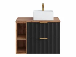Vente-unique Mueble de baño estriado con estantes y lavabo sobre encimera, 80 cm, ZEVARA Negro Outlet