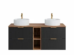 Vente-unique Mueble De Baño Con Doble Lavabo|Mueble de baño estriado con estantes y lavabo redondo, 140 cm, ZEVARA