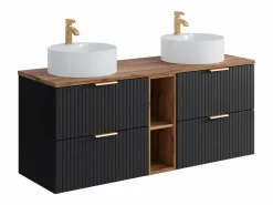 Vente-unique Mueble De Baño Con Doble Lavabo|Mueble de baño estriado con estantes y lavabo redondo, 140 cm, ZEVARA