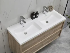 Vente-unique Mueble De Baño Con Doble Lavabo|Mueble de baño flotante con lavabo encastrable, natural claro, 120 cm, QUADRA