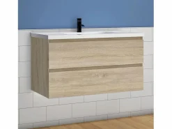 Aica Mueble de baño flotante con lavabo, 99 x 44.5 x 52 cm,Color Roble,Con 2 Cajones, Muebles de Alta Calidad, Color natural claro