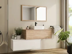 Vente-unique Mueble de baño flotante con lavabo, blanco y natural claro, 2 cajones, TEANA Color natural claro / Blanco Hot