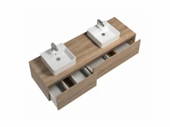Vente-unique Mueble De Baño Con Doble Lavabo|Mueble de baño flotante con doble lavabo, color claro natural, Ancho 150 x Alt. 32 cm, ISAURE