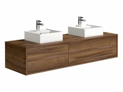Vente-unique Mueble De Baño Con Doble Lavabo|Mueble de baño flotante de doble lavabo, natural oscuro, Ancho 150 x Alt. 32 cm, ISAURE