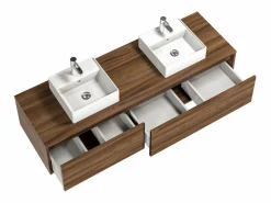 Vente-unique Mueble De Baño Con Doble Lavabo|Mueble de baño flotante de doble lavabo, natural oscuro, Ancho 150 x Alt. 32 cm, ISAURE