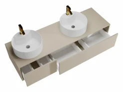 Vente-unique Mueble de baño flotante doble lavabo redondo, , L150 x H32 cm, ISAURE Beige