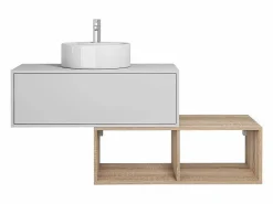 Vente-unique Mueble De Baño Simple|Mueble de baño, lavabo redondo, 1 cajón blanco y 2 estantes claros naturales, TEANA