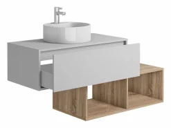 Vente-unique Mueble De Baño Simple|Mueble de baño, lavabo redondo, 1 cajón blanco y 2 estantes claros naturales, TEANA