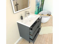 Mueble De Baño Simple|Mueble de baño moderno suspendido con 3 cajones y lavabo,79 x 46 x 85 cm, sistema de cierre amortiguado, color antracita.