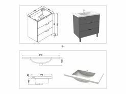 Mueble De Baño Simple|Mueble de baño moderno suspendido con 3 cajones y lavabo,79 x 46 x 85 cm, sistema de cierre amortiguado, color antracita.