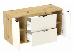 Mueble De Lavabo|Mueble de baño mural para lavabo WENA, con 2 puertas y 2 cajones, frentes lisos, Orio, 120x60x47 cm, Cachemira/Roble artesano