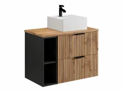 Vente-unique Mueble de baño natural claro con estantes y lavabo sobre encimera, 80 cm, MADELA Negro / Color natural claro New