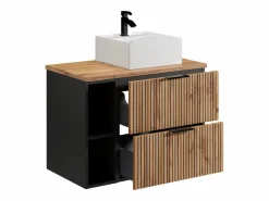 Vente-unique Mueble de baño natural claro con estantes y lavabo sobre encimera, 80 cm, MADELA Negro / Color natural claro New