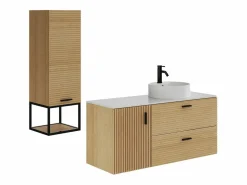 Vente-unique Conjunto De Baño|Mueble de baño suspendido estriado con lavabo sobrepuesto y columna con hueco - 120 cm - SARONE