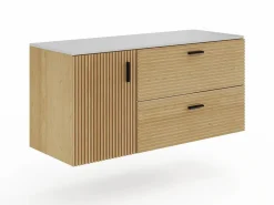 Vente-unique Conjunto De Baño|Mueble de baño suspendido estriado con lavabo sobrepuesto y columna con hueco - 120 cm - SARONE