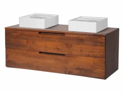 Vente-unique Mueble de baño suspendido de teca oscura con doble lavabo - 115 cm - BIMBING Color natural oscuro Best