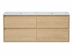 Vente-unique Mueble De Baño Con Doble Lavabo|Mueble de baño suspendido chapado roble con lavabo a encastrar, 120 cm, MILIPAM
