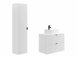 Vente-unique Mueble de baño suspendido estriado con lavabo sobre encimera, columna, , 80 cm, ZEVINI Blanco Clearance