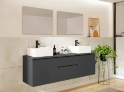 Vente-unique Mueble De Baño Con Doble Lavabo|Mueble de baño suspendido con doble lavabo y espejos, , An150 cm, JIMENA