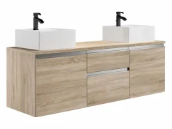 Vente-unique Mueble De Baño Con Doble Lavabo|Mueble de baño suspendido con doble lavabo - Natural claro - 150cm - JIMENA