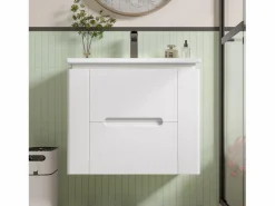ModernLuxe Mueble de baño suspendido con lavabo de cerámica - con LED - 2 cajones - 2 estantes laterales - (grifo no incluido) Blanco Discount