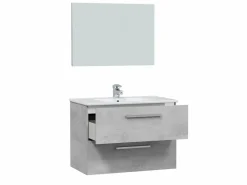 VS Venta-stock Mueble De Baño Simple|Mueble de baño suspendido Axel 2 cajones, espejo y con lavabo cerámico, Color Cemento