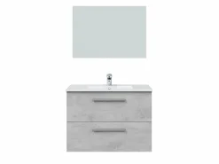 VS Venta-stock Mueble De Baño Simple|Mueble de baño suspendido Axel 2 cajones, espejo y con lavabo cerámico, Color Cemento