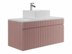 Vente-unique Conjunto De Baño|Mueble de baño suspendido estriado rosa con lavabo sobre encimera cuadrado y columna, 100 cm, SATARA