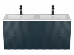 Vente-unique Mueble De Baño Con Doble Lavabo|Mueble de baño suspendido con lavabo y grifo - Estriado azul - 120 cm - PAVANI