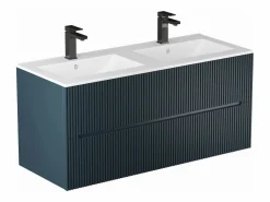 Vente-unique Mueble De Baño Con Doble Lavabo|Mueble de baño suspendido con lavabo y grifo - Estriado azul - 120 cm - PAVANI