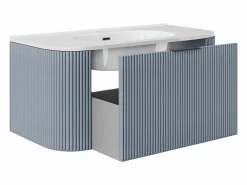 Vente-unique Mueble de baño suspendido mate rayado con lavabo empotrado, 100 cm - LOMERI Azul Discount