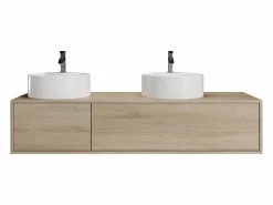 Vente-unique Mueble De Baño Con Doble Lavabo|Mueble de baño suspendido doble lavabo redondo, natural claro, L150 x H32 cm, ISAURE