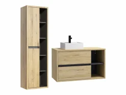 Mueble de baño suspendido con lavabo cuadrado y columna, 100 cm, Color natural, PURNAL^Vente-unique Best