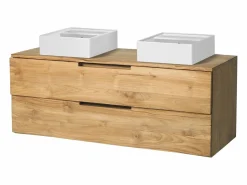 Vente-unique Mueble De Baño Con Doble Lavabo|Mueble de baño suspendido de teca clara con doble lavabo - 115 cm - BIMBING