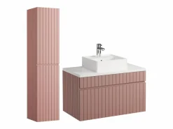 Vente-unique Mueble de baño suspendido estriado rosa con lavabo sobre encimera y columna, 80 cm, SATARA Rosa palo Hot