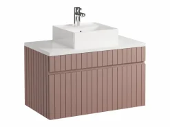 Vente-unique Mueble de baño suspendido estriado rosa con lavabo sobre encimera y columna, 80 cm, SATARA Rosa palo Hot
