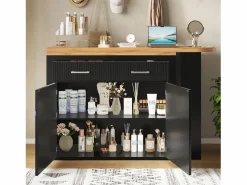 ModernLuxe Mueble de bar de cocina extensible - con rotación 360° - 215x39x103cm - 2 puertas, 2 cajones - con estantes laterales - Negro Hot