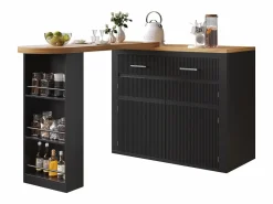 ModernLuxe Mueble de bar de cocina extensible - con rotación 360° - 215x39x103cm - 2 puertas, 2 cajones - con estantes laterales - Negro Hot