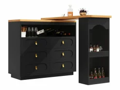 ModernLuxe Mueble Bar|Mueble de bar de cocina extensible - y rotación 360° - 203x39x90 cm - 6 cajones - con estantes laterales -