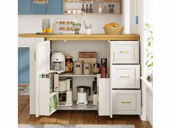 ModernLuxe Mueble de bar extensible - pivotante - 228x39x104cm - con 2 puertas y 3 cajones - con estantes laterales - Blanco New