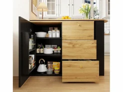 ModernLuxe Mueble Bar|Mueble de bar giratorio 360° y plegable - con 3 cajones y 1 puerta - estantes abiertos - + natural