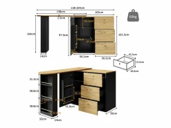 ModernLuxe Mueble Bar|Mueble de bar giratorio 360° y plegable - con 3 cajones y 1 puerta - estantes abiertos - + natural