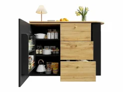 ModernLuxe Mueble Bar|Mueble de bar giratorio 360° y plegable - con 3 cajones y 1 puerta - estantes abiertos - + natural