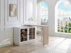 Vente-unique Mueble de bar giratorio con almacenamiento de MDF, vidrio templado - Blanco y natural - ARAMETA Color natural claro / Blanco New