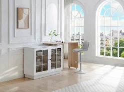 Vente-unique Mueble de bar giratorio con almacenamiento de MDF, vidrio templado - Blanco y natural - ARAMETA Color natural claro / Blanco New