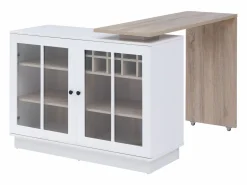 Vente-unique Mueble de bar giratorio con almacenamiento de MDF, vidrio templado - Blanco y natural - ARAMETA Color natural claro / Blanco New
