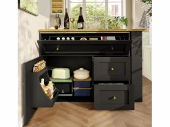 ModernLuxe Mueble Bar|Mueble de bar giratorio moderno 360° - 204×39×105 cm - 2 cajones y 2 puertas - con estantes laterales - mesa extensible -