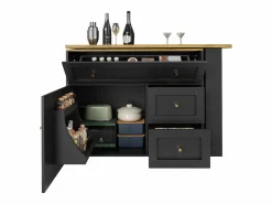 ModernLuxe Mueble Bar|Mueble de bar giratorio moderno 360° - 204×39×105 cm - 2 cajones y 2 puertas - con estantes laterales - mesa extensible -