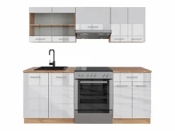 Vicco Cocina Completa|Mueble de cocina blanco brillo intenso/roble dorado 200x46x81.6 r-line